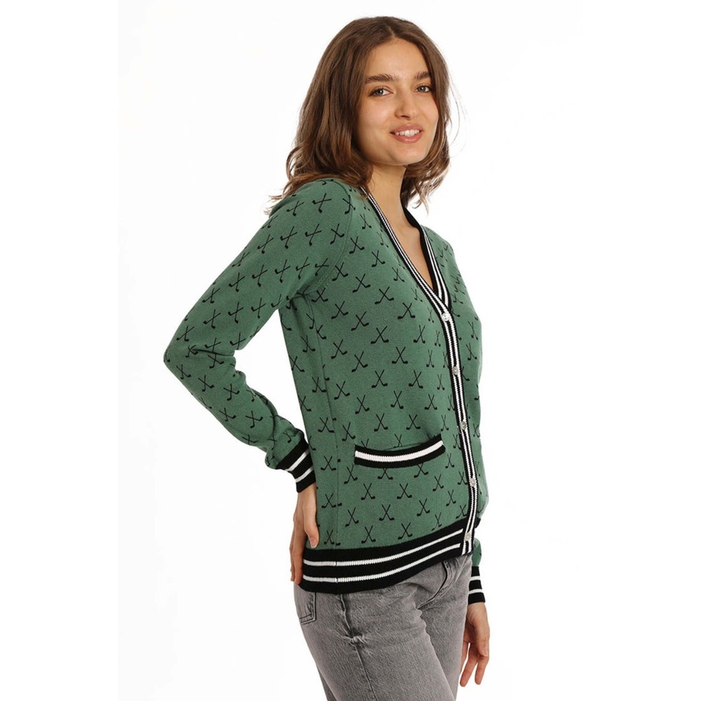 Minnie Rose Tennis Club Print Cardigan Sweater  Golf Green Cotton Cashmere S - Picture 6 of 15